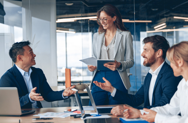 Business professionals collaborating during a meeting.