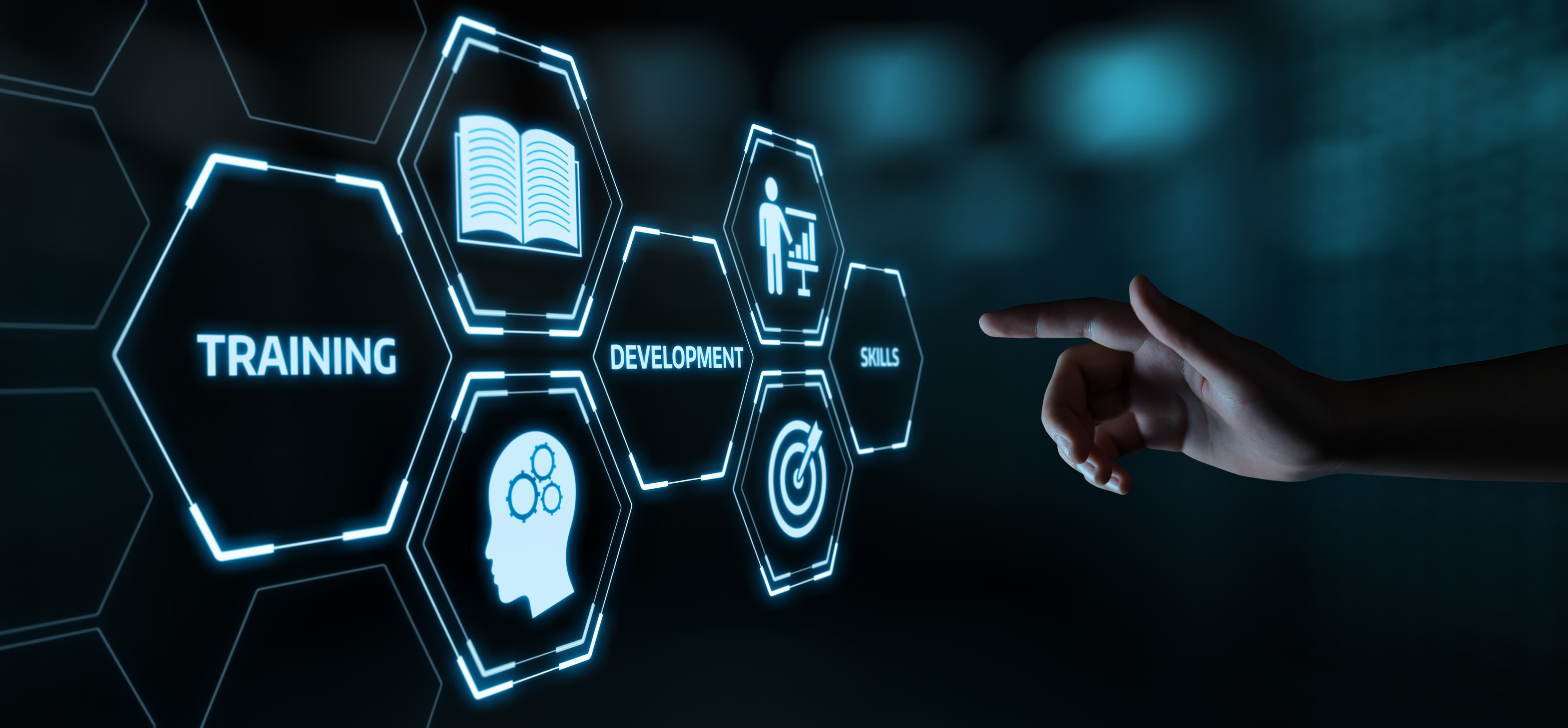 Icons for Training, Development, and Skills with a person about to touchscreen for the development option