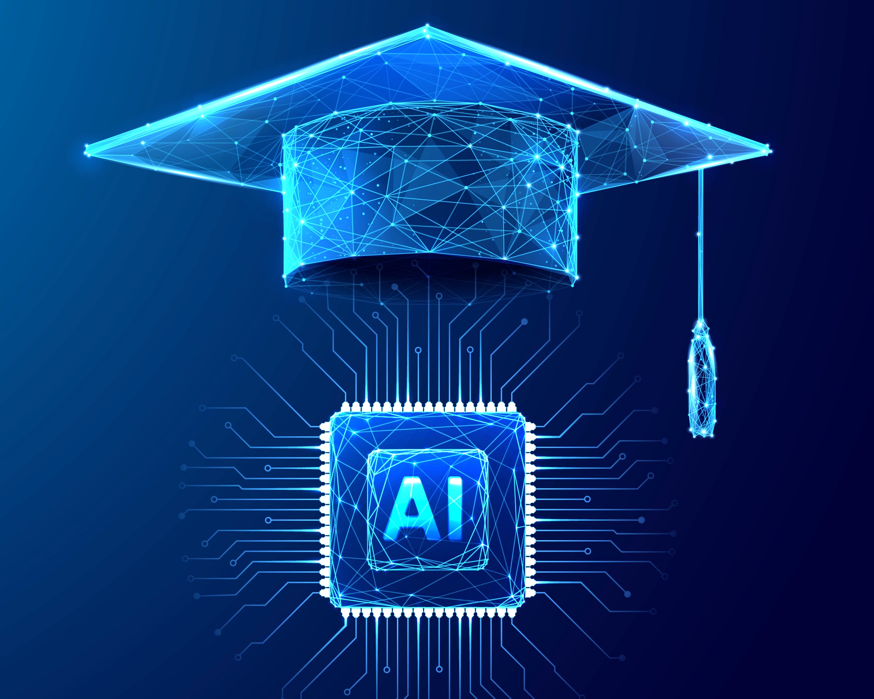 Graduation cap hovering above the letters "AI."