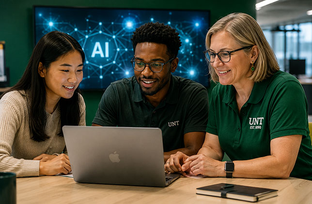UNT professionals collaborating around artificial intelligence and digital technology.