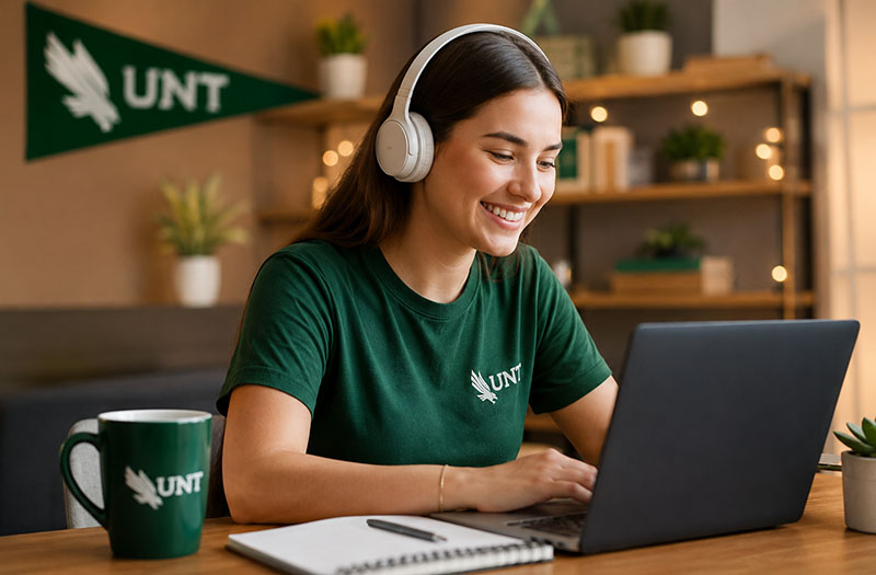 A student participating in an online UNT learning experience from home.